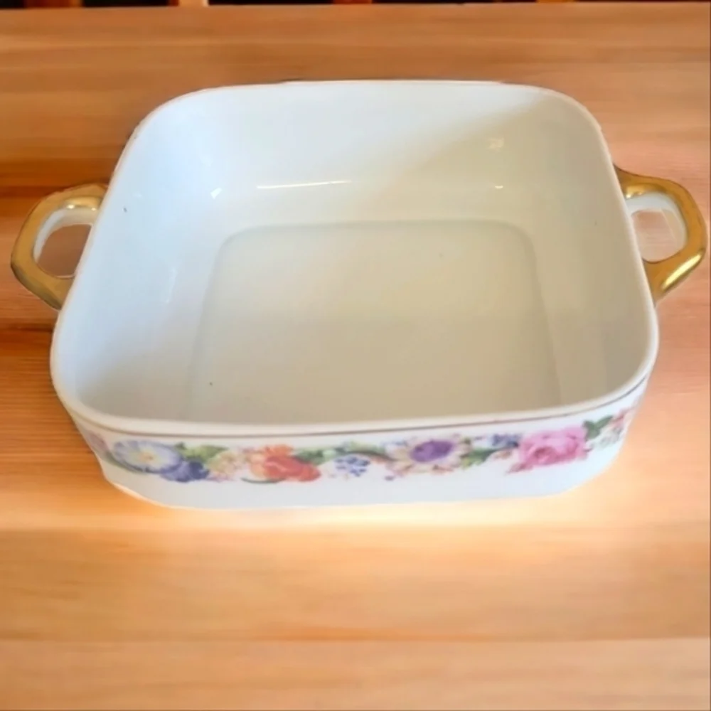 Antique Square‎ Vegetable Bowl, Aich Czechoslovakia, Floral Bands, Gold Trimmed